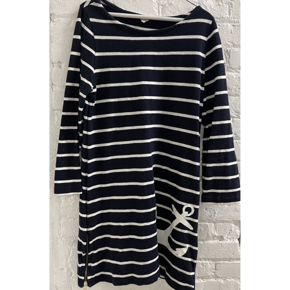 J Crew Dress Navy Blue White Cotton Blend Striped Long Sleeve Anchor Medium